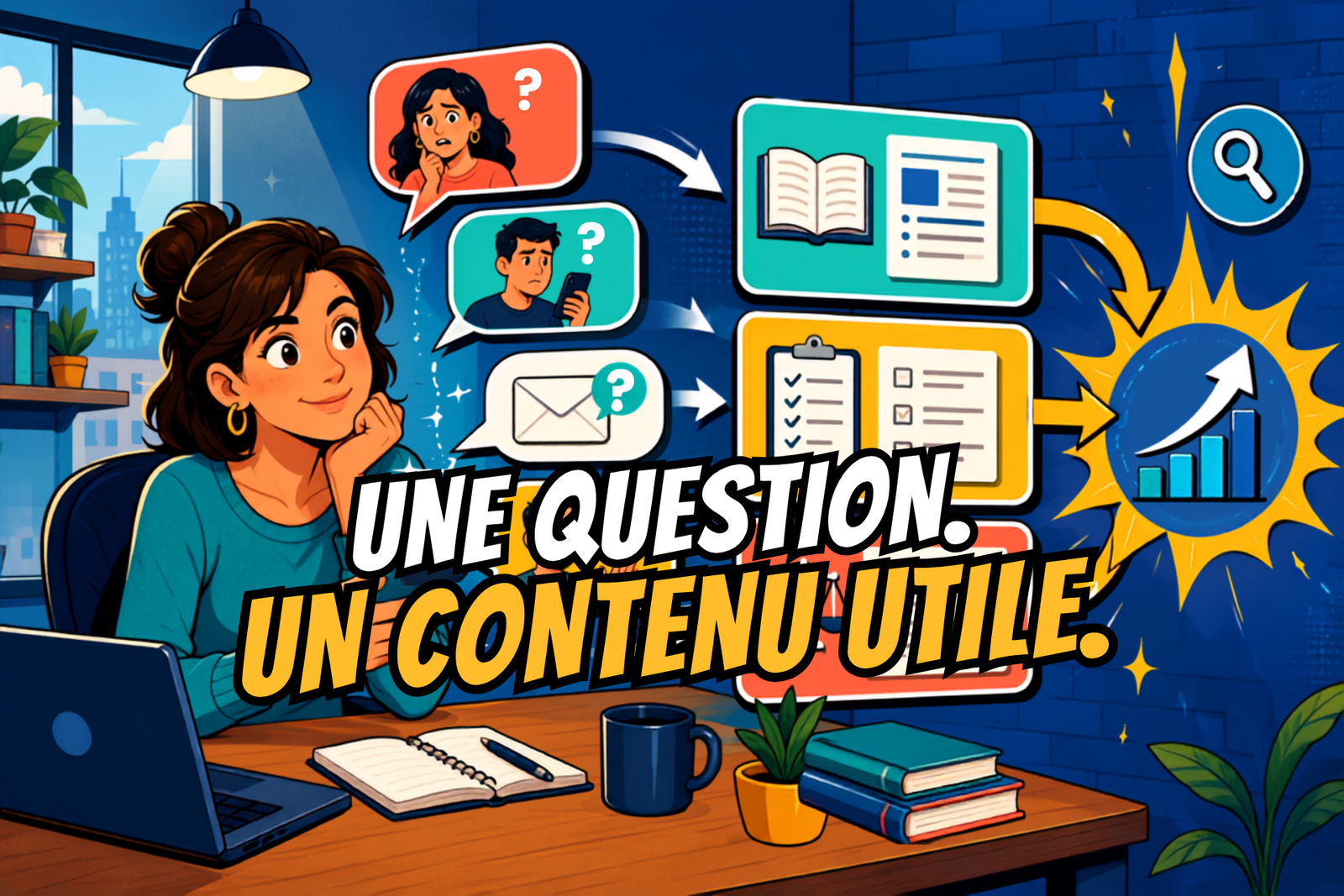 Indépendante analysant les questions de ses prospects pour créer du contenu en ligne