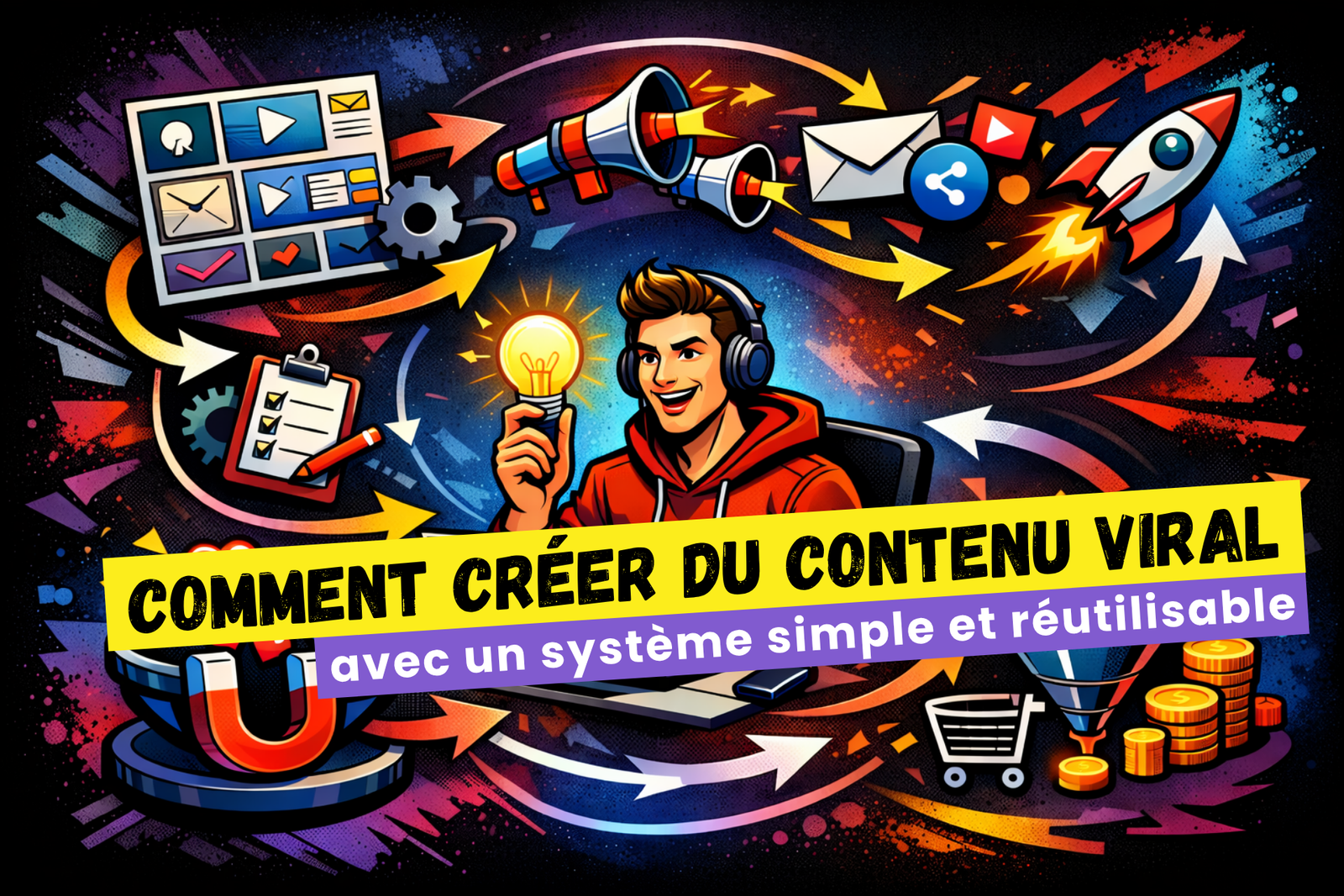 illustration d’un créateur construisant un système de contenu viral avec idées, structure, partage, visibilité et conversion dans un univers visuel dynamique et coloré