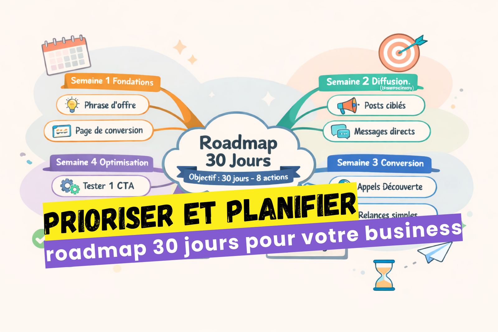Mindmap montrant une roadmap 30 jours en 4 semaines avec 8 actions priorisées