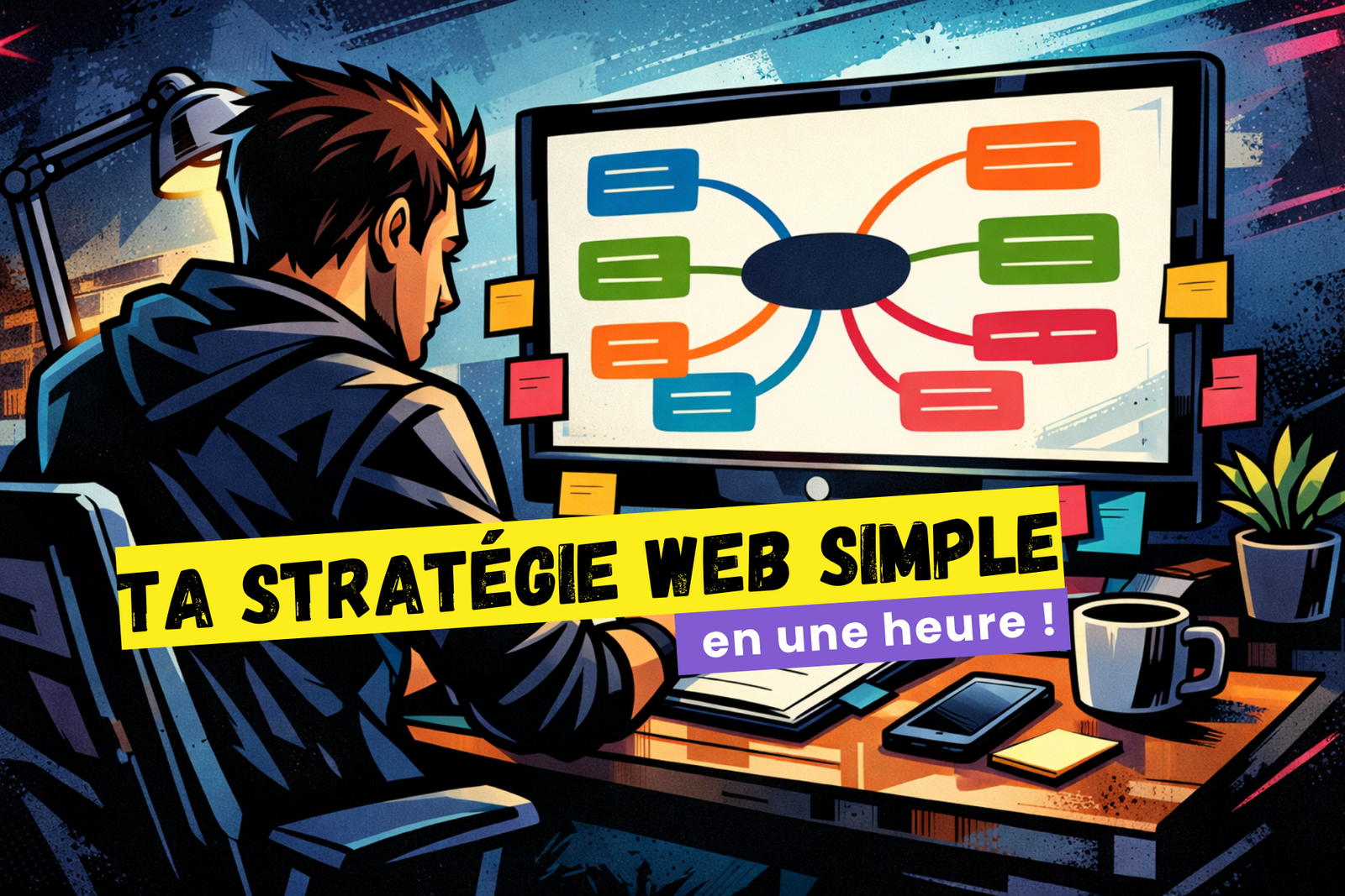 Entrepreneur qui organise sa stratégie web hebdomadaire avec une mindmap simple